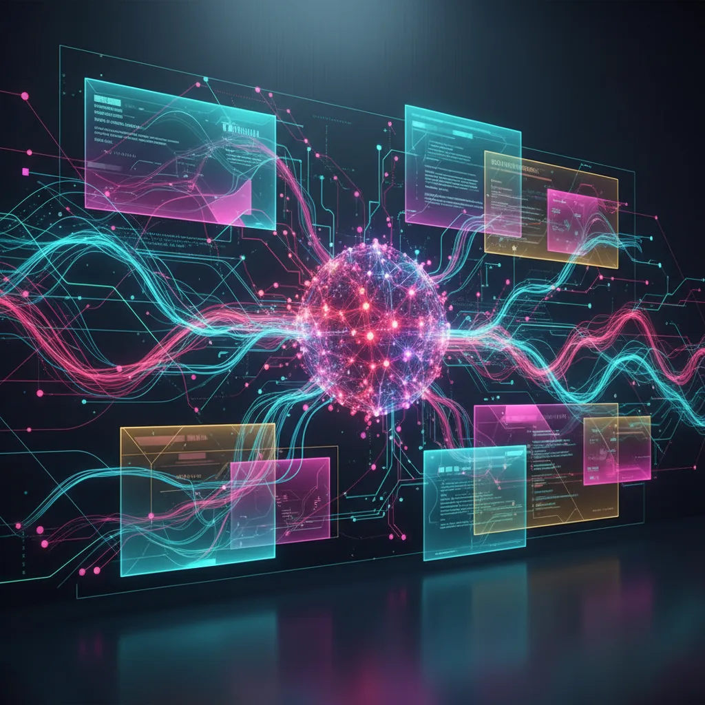 Interface futurista de blog automatizado com IA da BlogAI, mostrando códigos binários e redes neurais que representam geração de conteúdo e otimização para SEO.