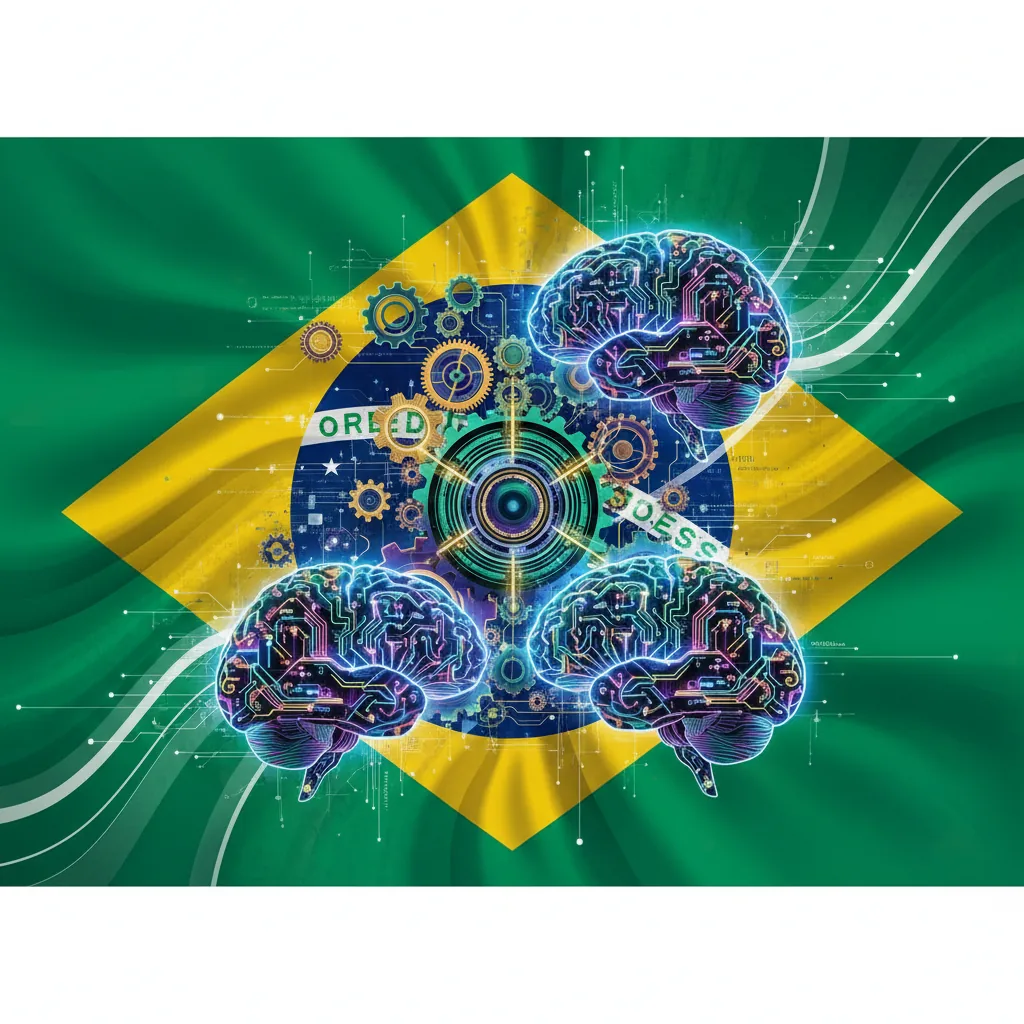 Ilustração abstrata de cérebros digitais e engrenagens conectadas, simbolizando o aprendizado e otimização de IA para empresas brasileiras.