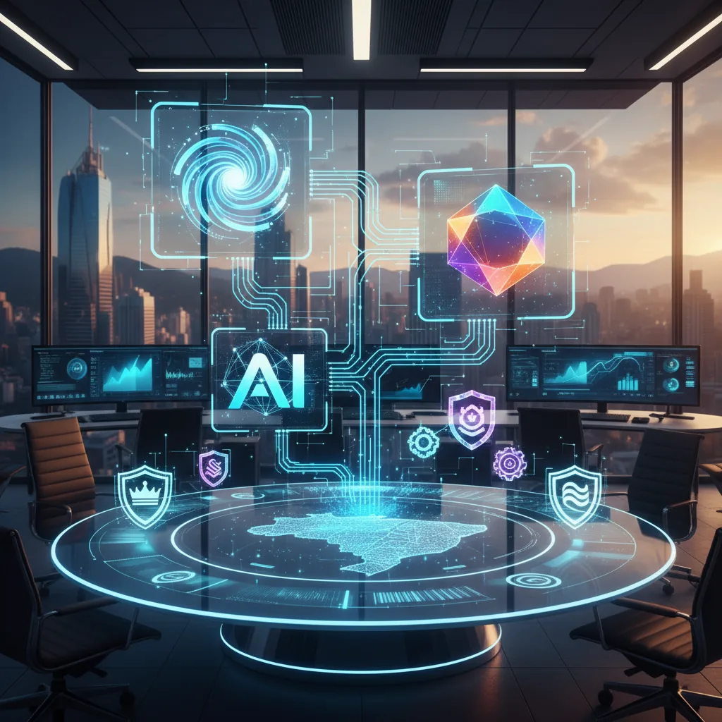 Empresário analisando gráficos de visibilidade de marca em telas holográficas de inteligência artificial em um escritório moderno no Brasil.