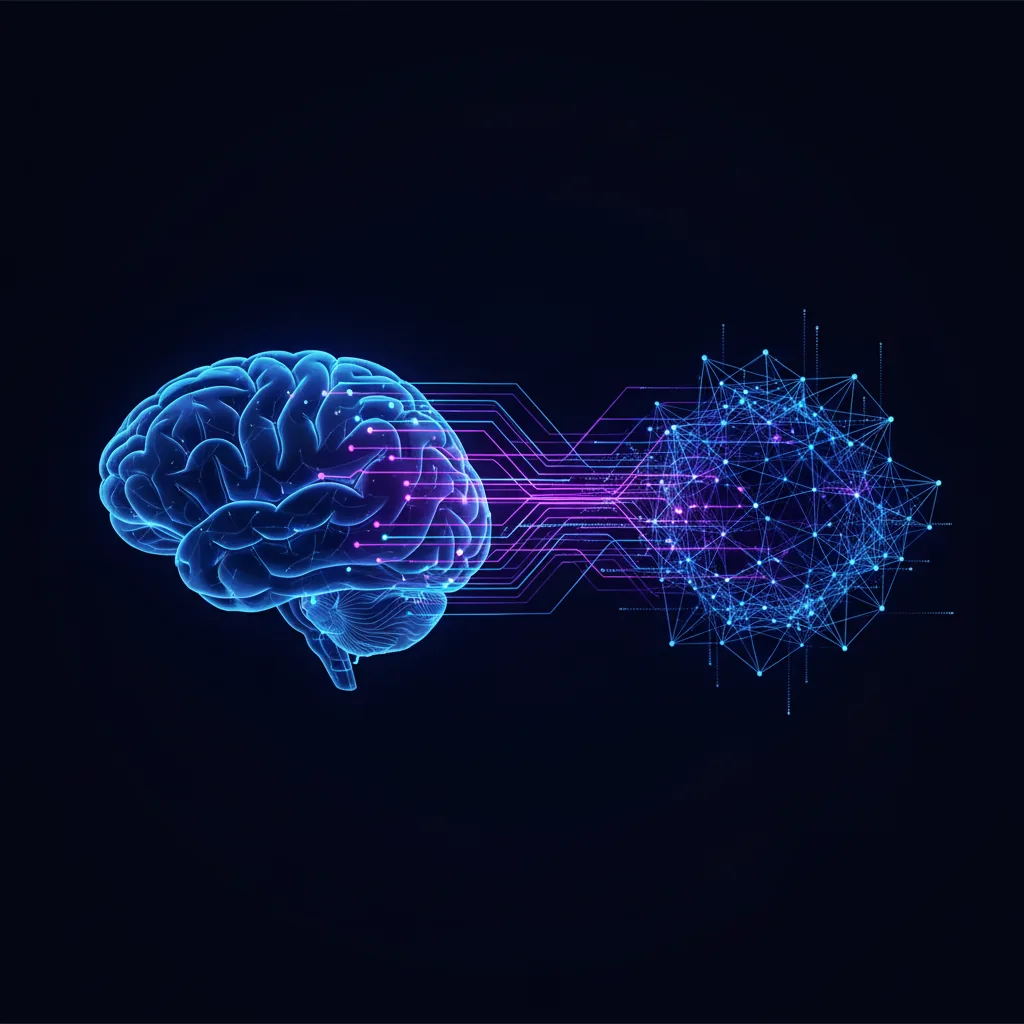 Ilustração abstrata de uma rede neural representando a otimização para IAs (GEO e AEO) para fazer a IA recomendar uma empresa.