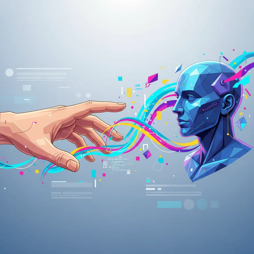 Uma mão humana interagindo com uma interface de IA para escalar a produção de conteúdo em uma empresa.