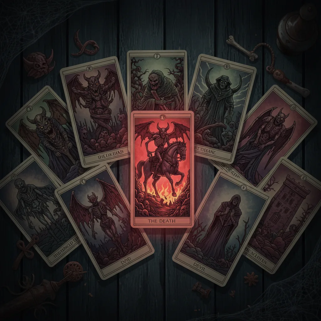 Uma imagem sombria representando o conceito do filme O Tarô da Morte, com cartas amaldiçoadas sobre uma mesa.