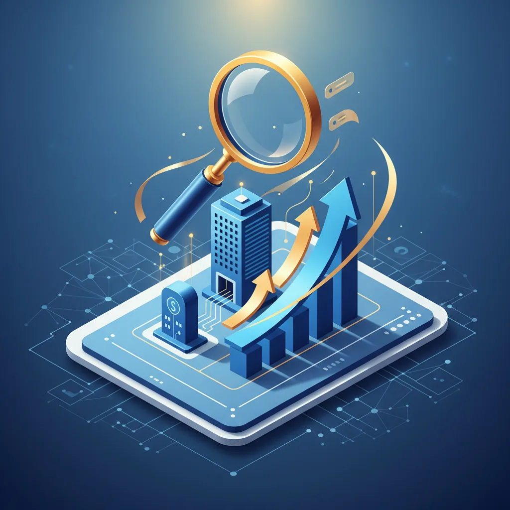 SEO para empresas ilustrando um gráfico de crescimento orgânico e ícones de busca digital profissional.