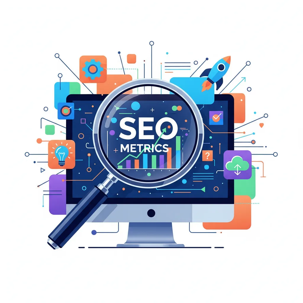 Ilustração de um guia prático de SEO com lupa e tela de computador exibindo métricas