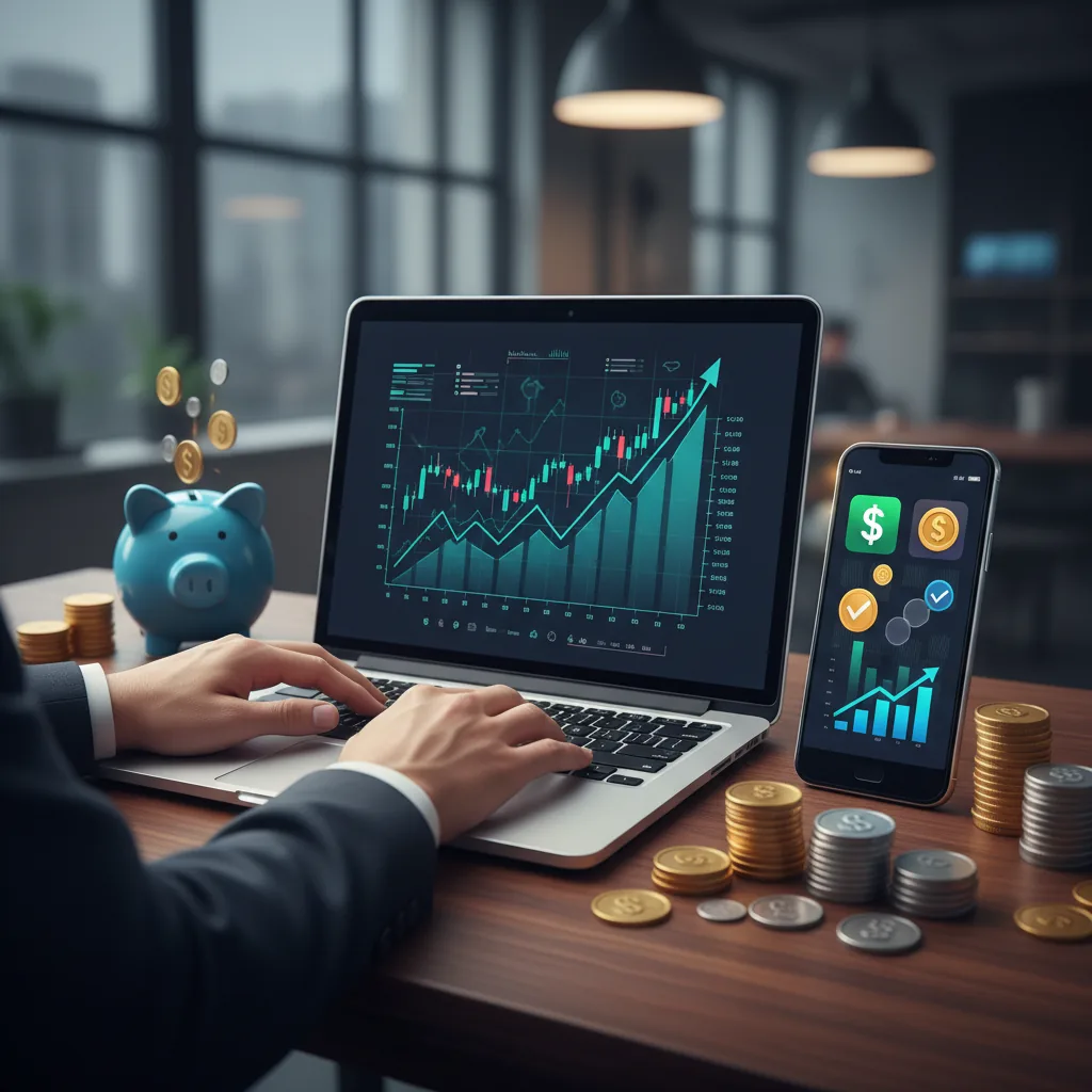 Pessoa analisando gráficos financeiros em um laptop, com smartphone mostrando aplicativos de renda extra, moedas e cofrinho.