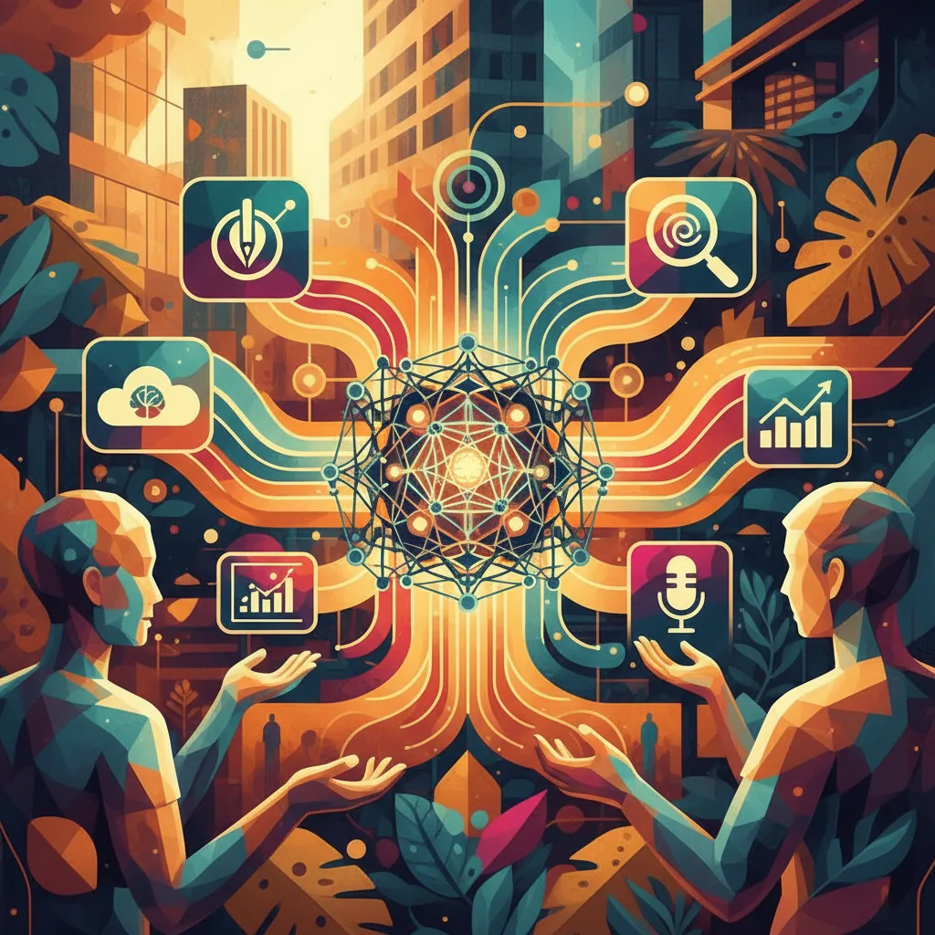 Ilustração abstrata de inteligência artificial auxiliando a produção de conteúdo em empresas brasileiras