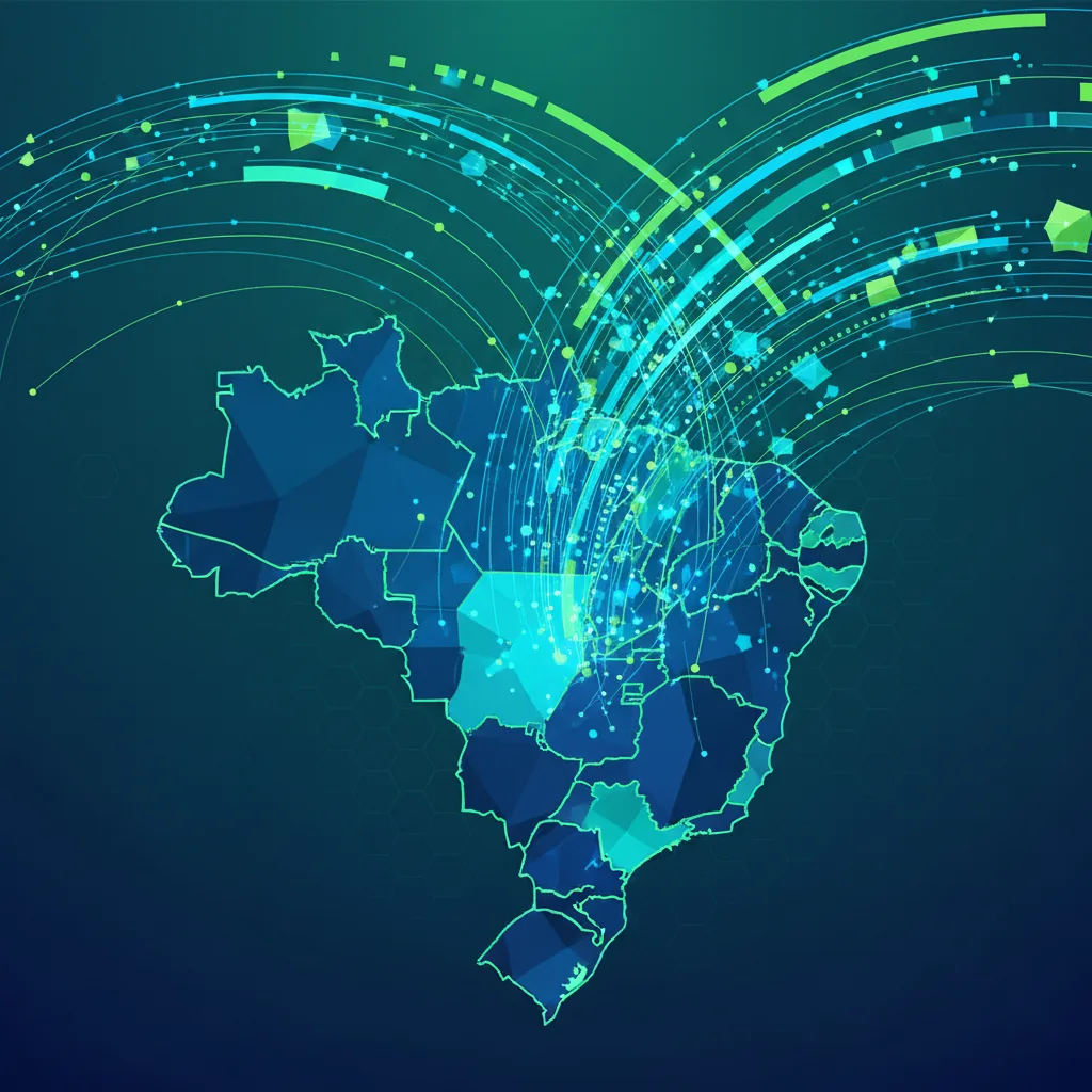 Ilustração abstrata da plataforma BlogAI, mostrando redes de inteligência artificial surgindo do Paraná, Brasil.