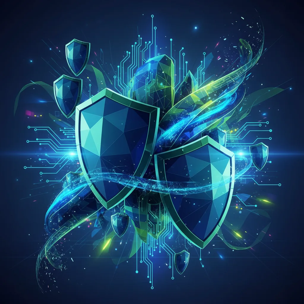 Escudo digital abstrato protegendo dados em rede, simbolizando a segurança empresarial em IA.