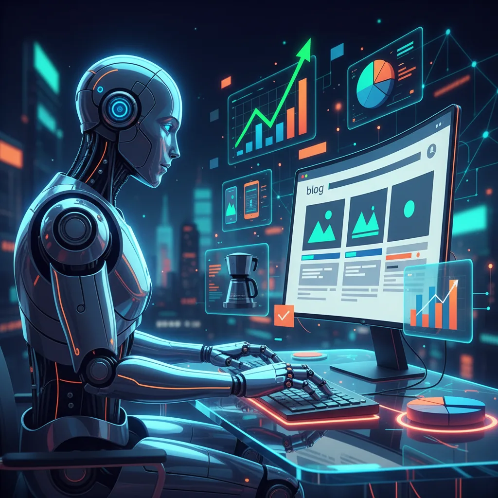 Robô de IA gerando conteúdo para um blog de marketing de afiliados, simbolizando a automação e inovação.