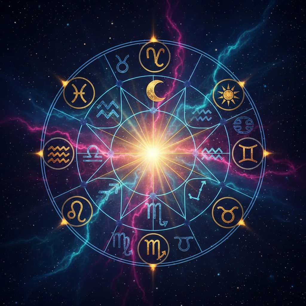 Representação abstrata de um mapa astral com símbolos astrológicos e constelações.
