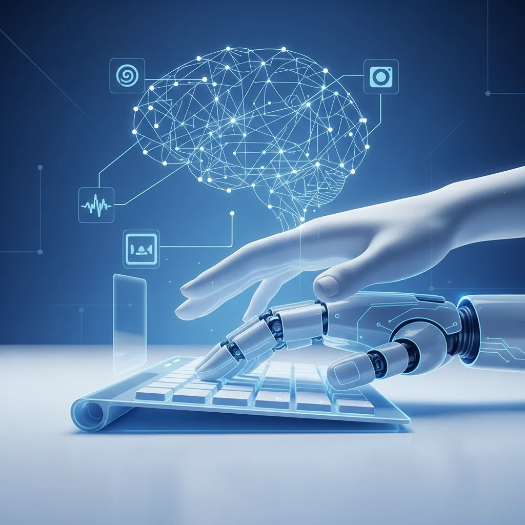Mão humana e mão de robô colaborando para digitar em um teclado, ilustrando a criação de conteúdo com IA.