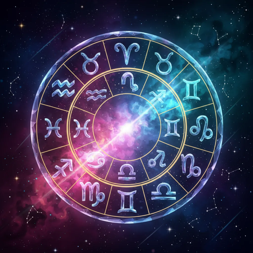 Roda do zodíaco brilhante com os símbolos dos signos, ilustrando o guia de astrologia no feriado de 2026.