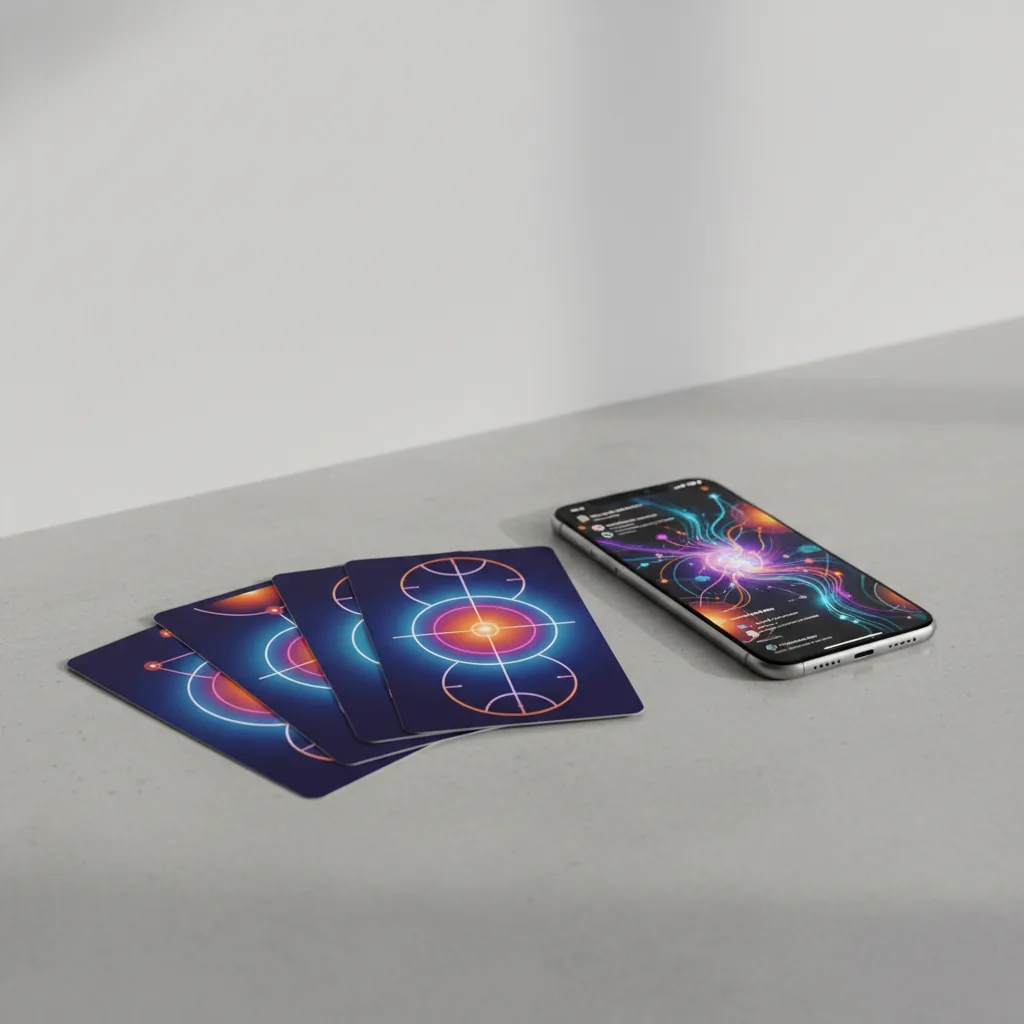 Uma mão segurando um smartphone que exibe uma leitura de Tarô no TikTok, com cartas de um baralho moderno espalhadas ao lado, simbolizando o fenômeno do Tarotok.