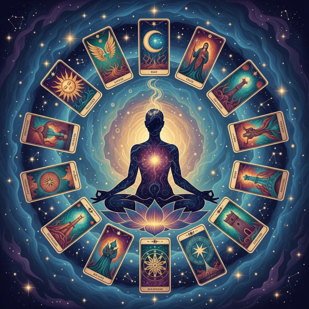 Pessoa meditando cercada por cartas de tarô flutuantes com luz mística, representando a escuta dos sinais do tarô