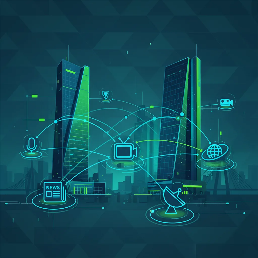 Ilustração de conexões digitais entre ícones de edifícios empresariais brasileiros e grandes portais de notícia para representar link building no Brasil em 2026.