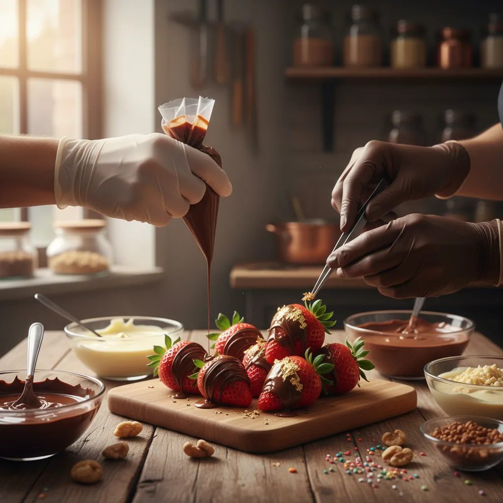 Mulheres empreendedoras trabalhando juntas na produçao de doces artesanais e morangos confeitados.
