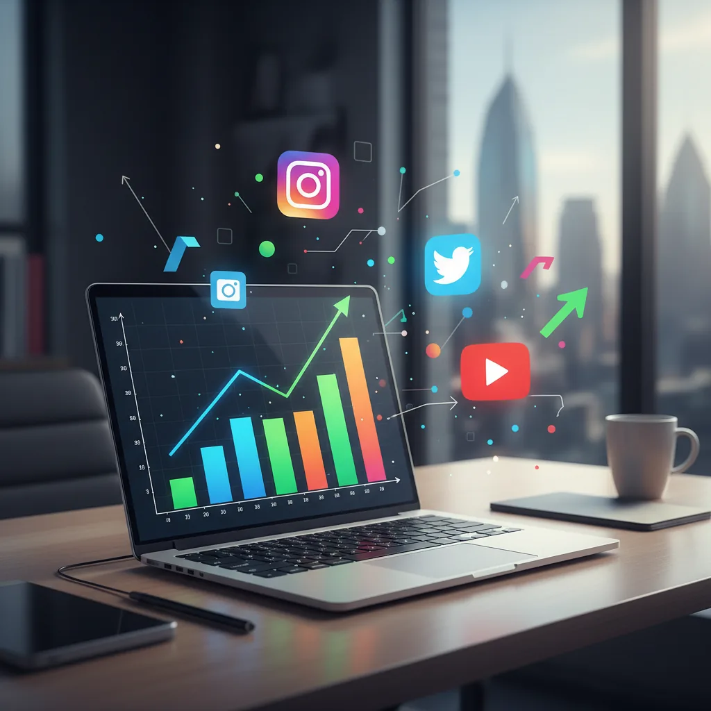 Notebook aberto mostrando gráficos de crescimento em redes sociais e ícone do Instagram em um ambiente de escritório moderno.