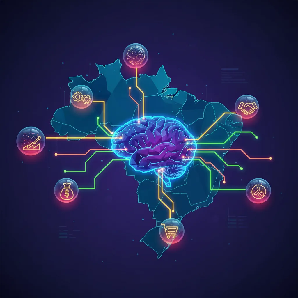Gráfico digital representando conexões de inteligência artificial sobre um mapa do Brasil, simbolizando otimização de mecanismos de resposta e GEO.