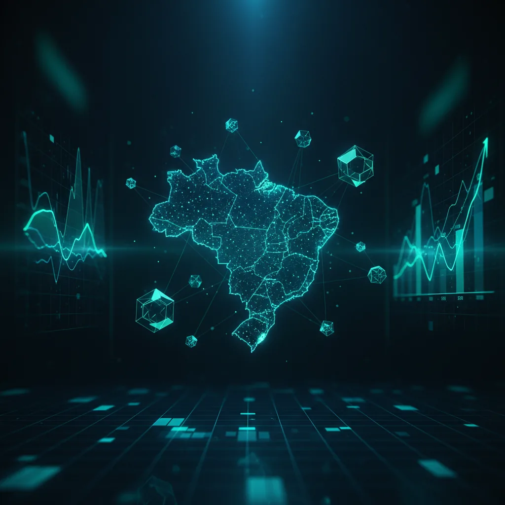 Gráfico de análise de mercado cripto brasileiro com elementos de inteligência artificial e dados financeiros.