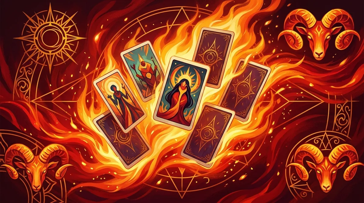 Ilustração artística de cartas de tarô cercadas por chamas estilizadas e elementos solares, representando o signo de áries.