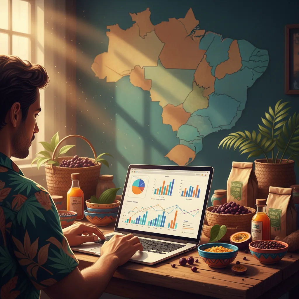 Empreendedor brasileiro analisando dados de tráfego orgânico em seu laptop, com produtos locais ao redor