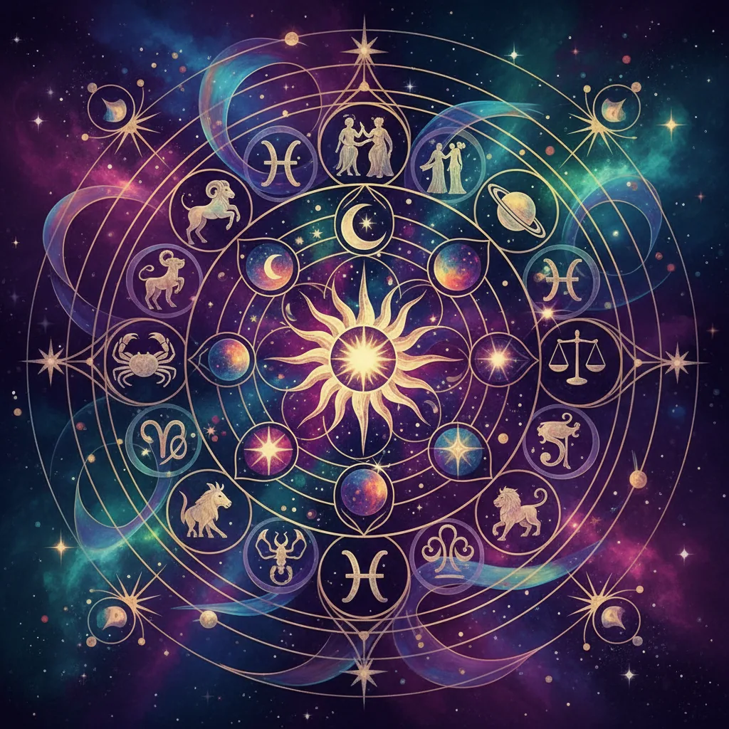 Ilustração de um mapa astral detalhado com elementos cósmicos e cores místicas