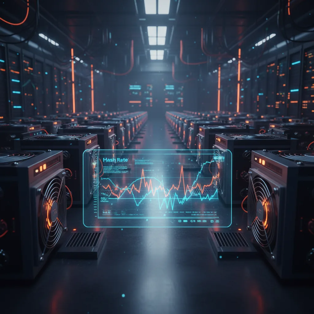 Gráfico digital da taxa de hash do Bitcoin com circuitos integrados e luzes de servidores de mineração em 2026