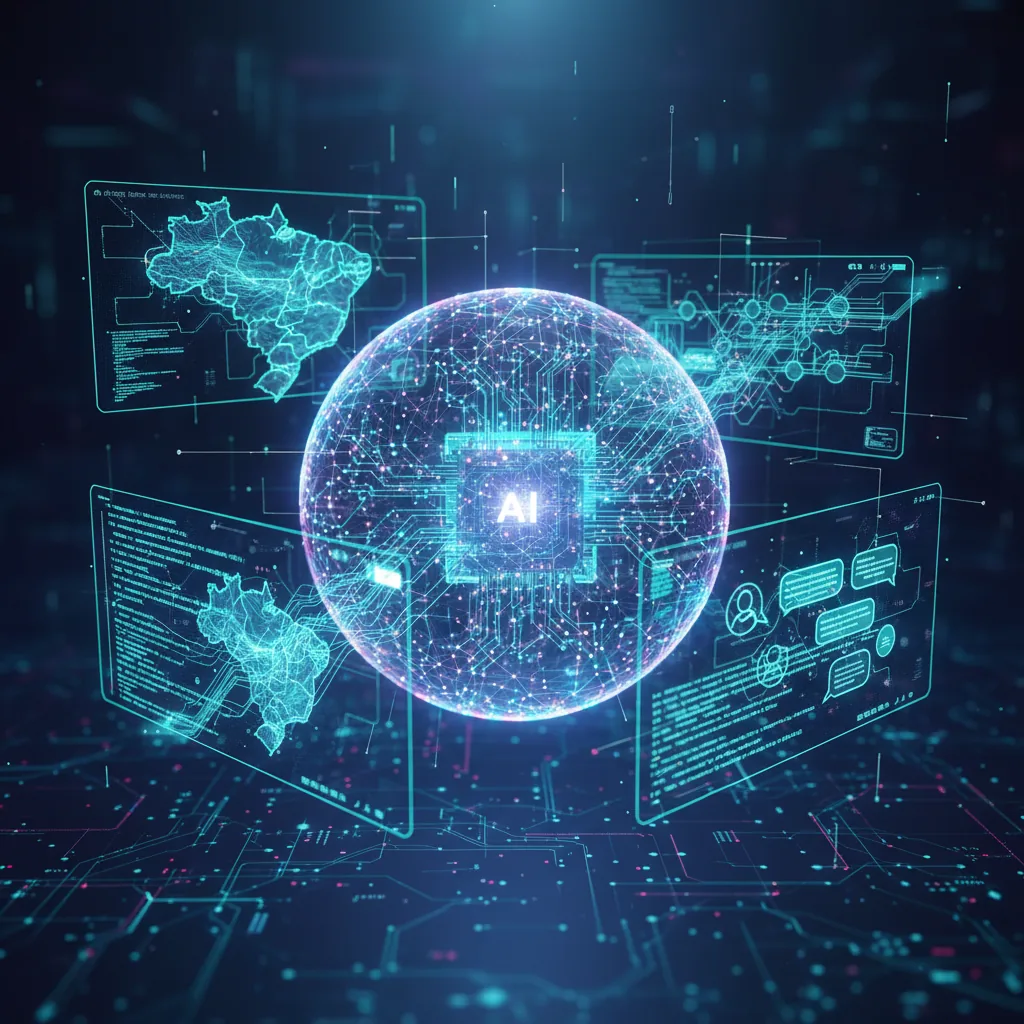 Ilustração conceitual mostrando uma rede de conexões neurais ligando logotipos de empresas brasileiras a uma interface de chat de inteligência artificial em 2026.
