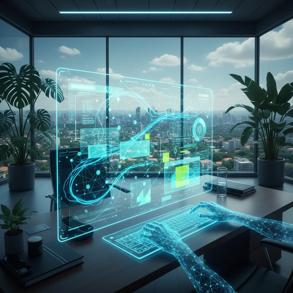 Estrategista de marketing analisando dados em holograma e organizando fluxo de conteúdo com IA