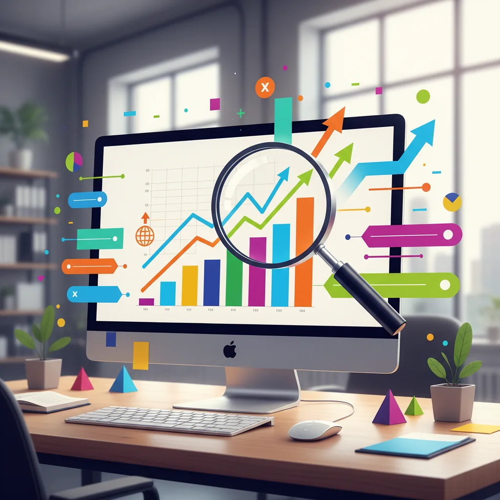Ilustração de um computador exibindo gráficos de crescimento de tráfego e uma lupa, com elementos de SEO ao redor, representando o guia de tráfego orgânico.