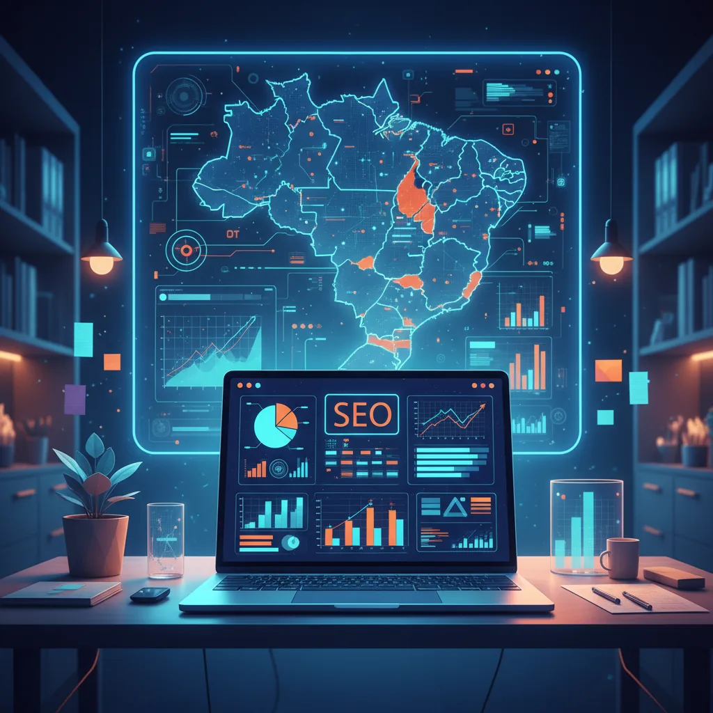 Infográfico sobre SEO para empresas destacando dispositivos móveis, ícones de geolocalização e engrenagens de otimização técnica.