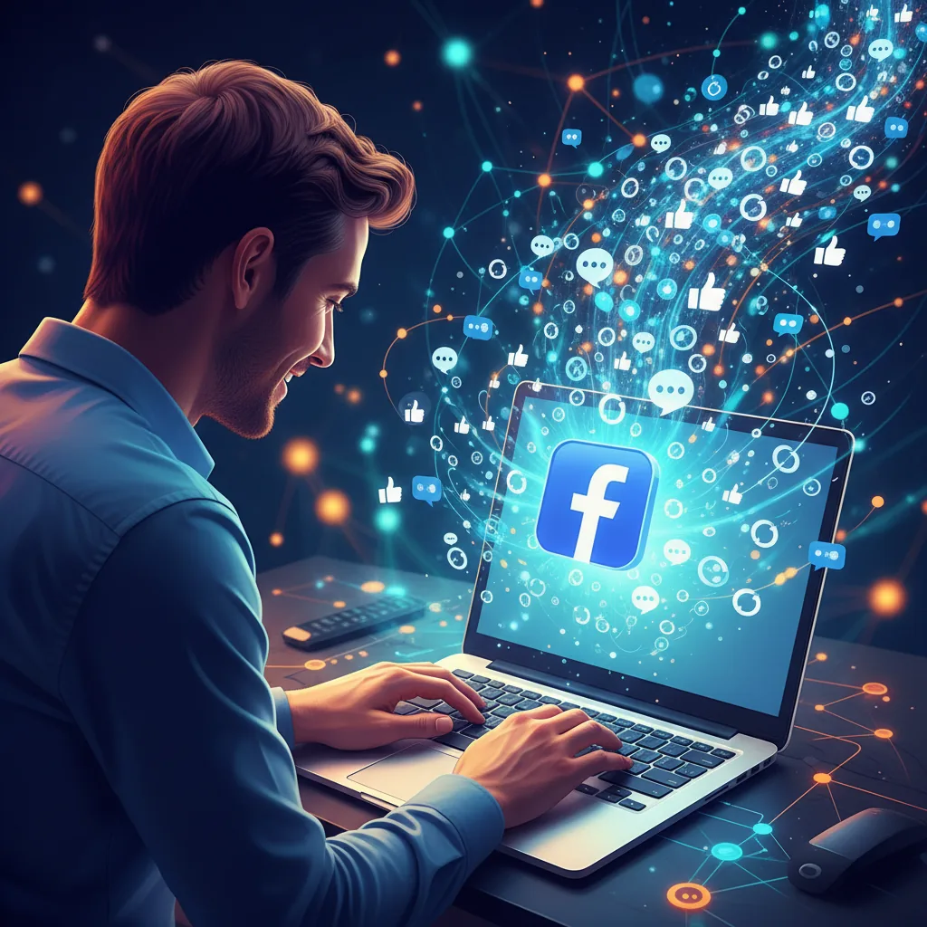 Mulher utilizando notebook e sorrindo enquanto interage com a página do Facebook, simbolizando o sucesso do tráfego orgânico na plataforma.