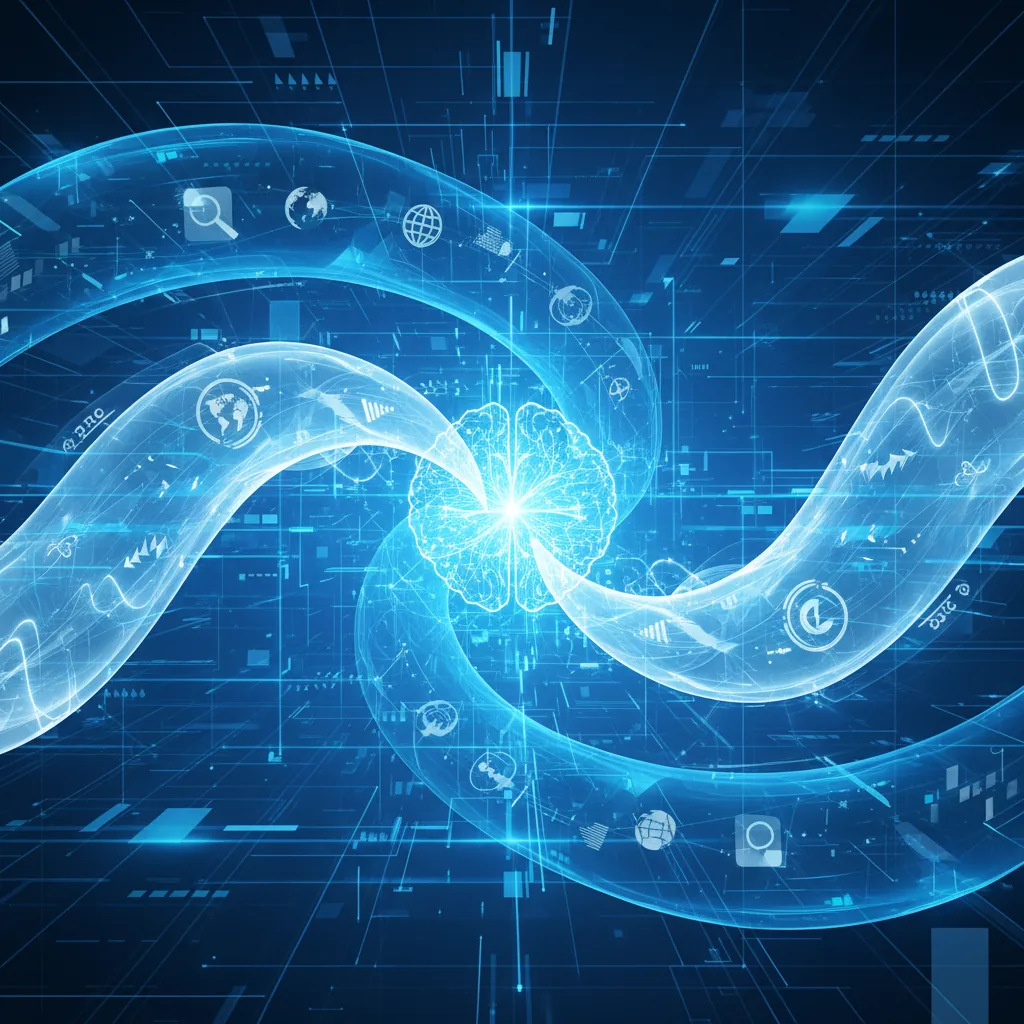 Infográfico abstrato mostrando a interconexão entre SEO, GEO e AEO, conceitos centrais da plataforma BlogAI em 2026.