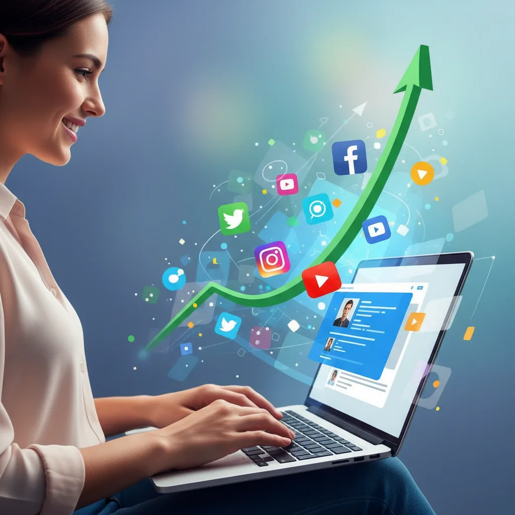 Mulher trabalhando em um laptop com ícones do Facebook e gráficos de crescimento orgânico ao redor, representando o aumento de tráfego sem anúncios.