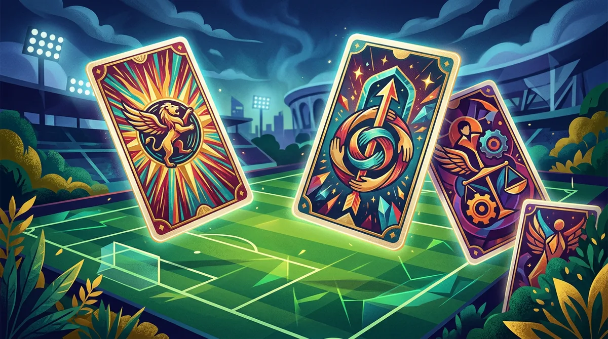 Cartas de tarô sobre um gramado de futebol estilizado simbolizando a previsão para Santos e Corinthians em 2026.
