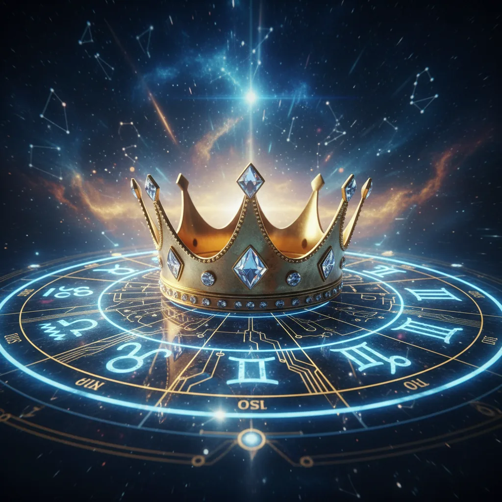 Ilustração simbólica de uma coroa dourada sob um mapa astral iluminado, representando a vitória no BBB 26 através da astrologia.