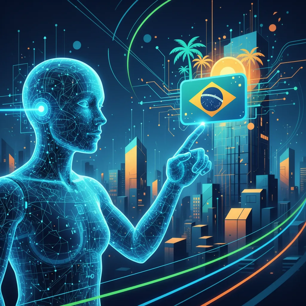 Ilustração de um chatbot de IA recomendando uma empresa brasileira, com fundo de cidade digital abstrata
