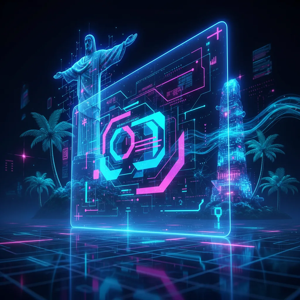 Infográfico futurista mostrando um assistente de IA sintetizando múltiplas fontes de dados brasileiros para gerar uma resposta única em um smartphone.
