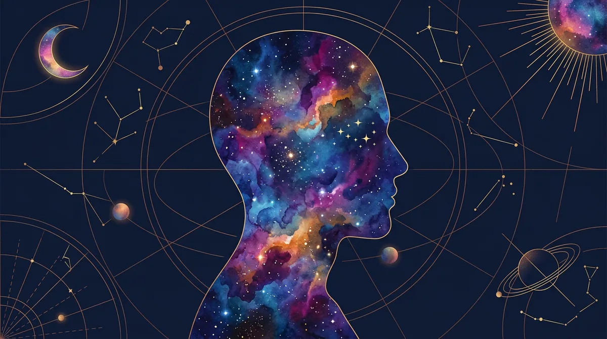 Ilustração conceitual de uma silhueta humana preenchida por constelações e galáxias sobre um fundo azul profundo, representando a conexão entre astrologia e identidade.