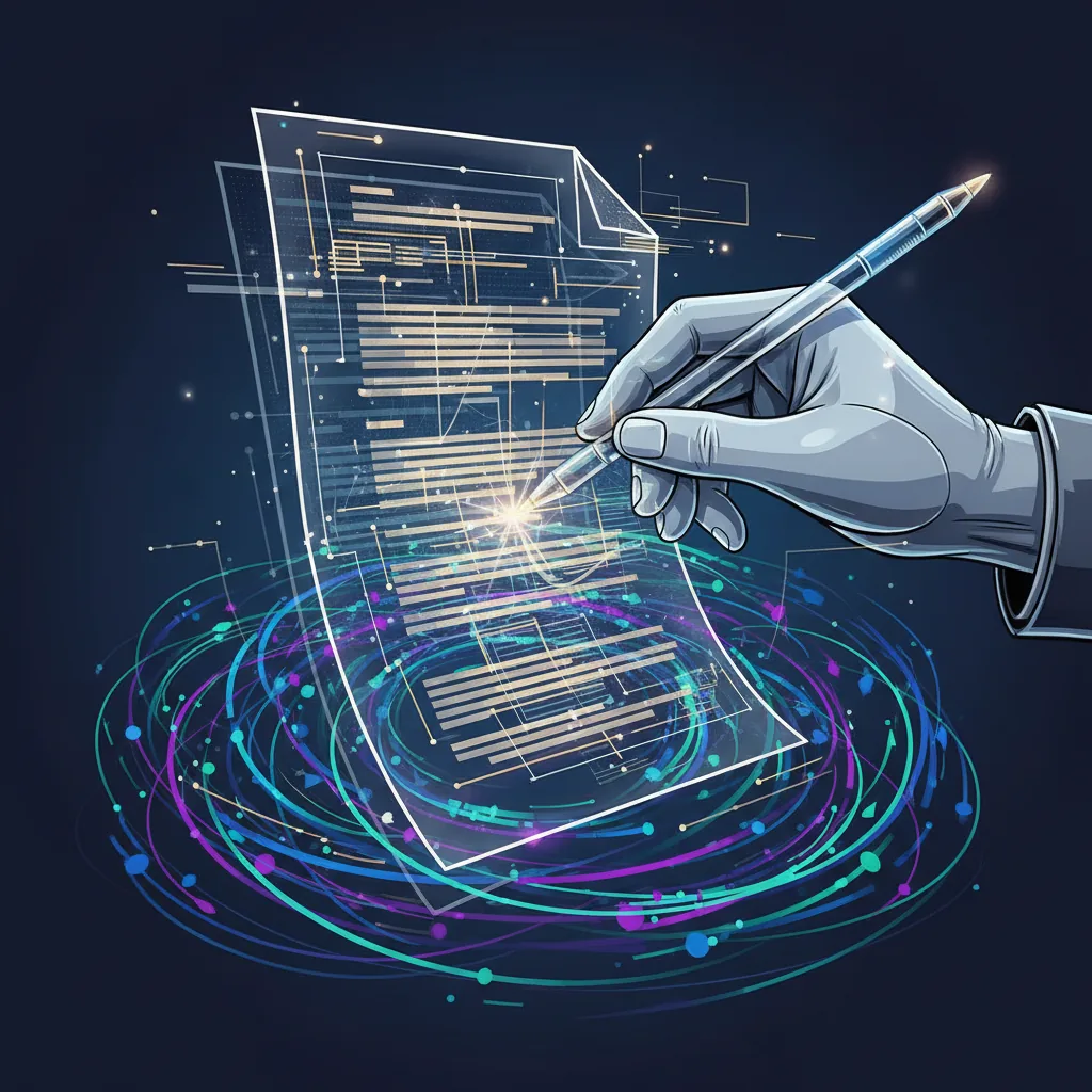 Mão humana refinando um texto gerado por Inteligência Artificial, ilustrando como escalar conteúdo com IA em 2026.