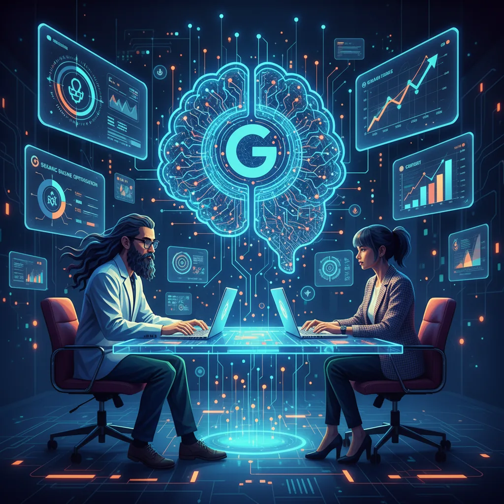 Especialistas em SEO observando dados sobre o impacto da Google AI no tráfego orgânico, com elementos futuristas de análise. A imagem representa a colaboração humana e da IA no SEO.
