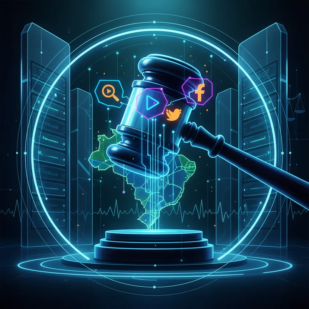 Representação ilustrativa de uma sessão de julgamento com elementos digitais de tecnologia e o mapa do Brasil, simbolizando a regulação do Cade sobre Big Techs.