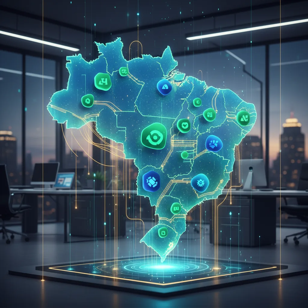 Representação visual de uma inteligência artificial processando dados de empresas brasileiras para gerar recomendações em 2026