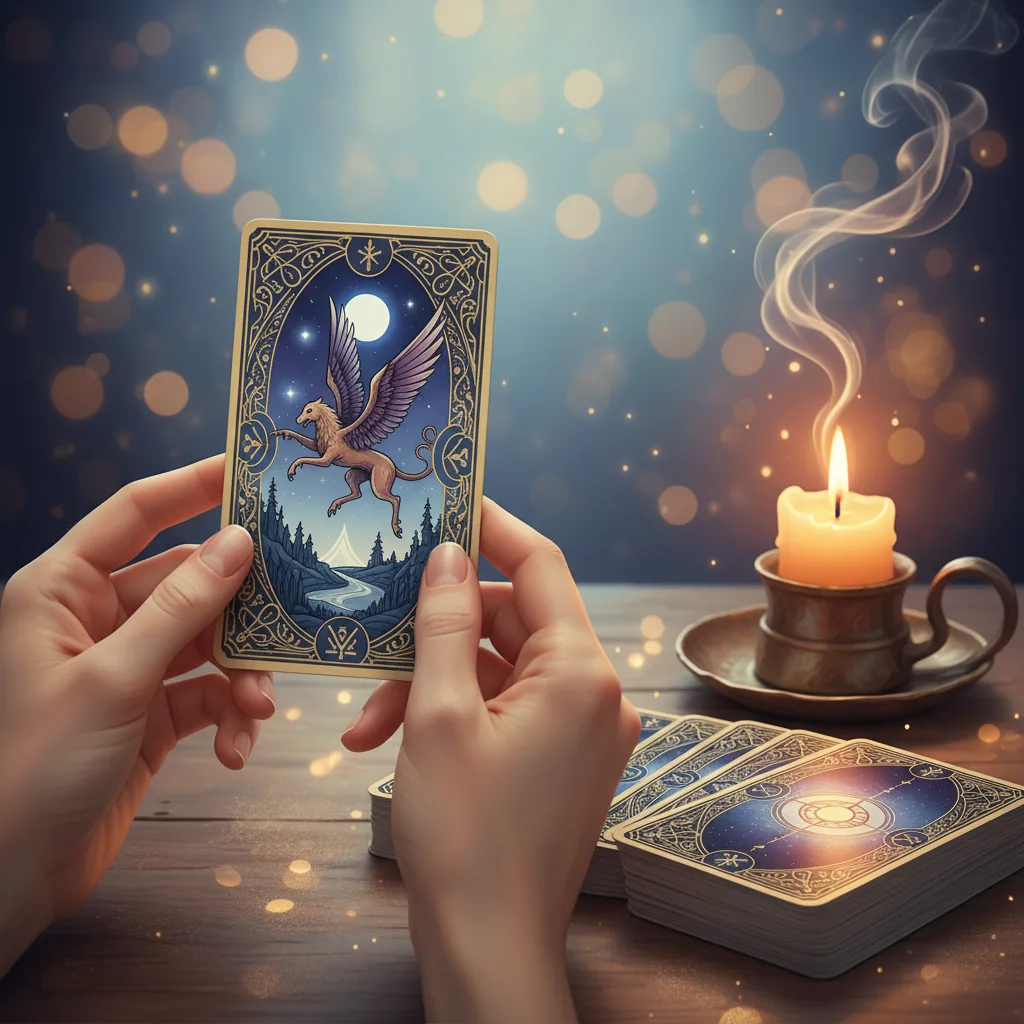 Mãos segurando uma carta de Tarô, com um baralho e uma vela acesos ao fundo, simbolizando uma leitura confiável.