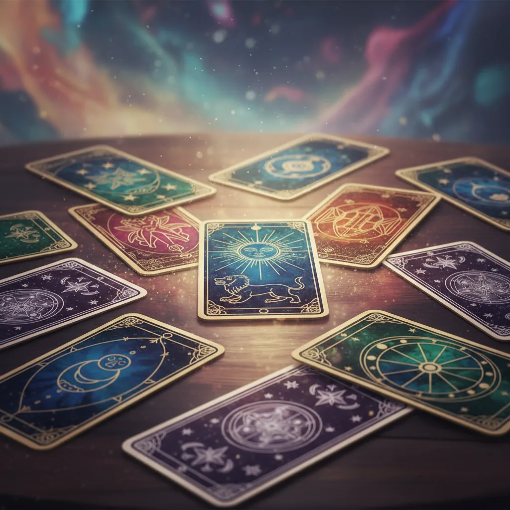 Cartas de tarô espalhadas com uma luz mística, simbolizando a desmistificação do oráculo.
