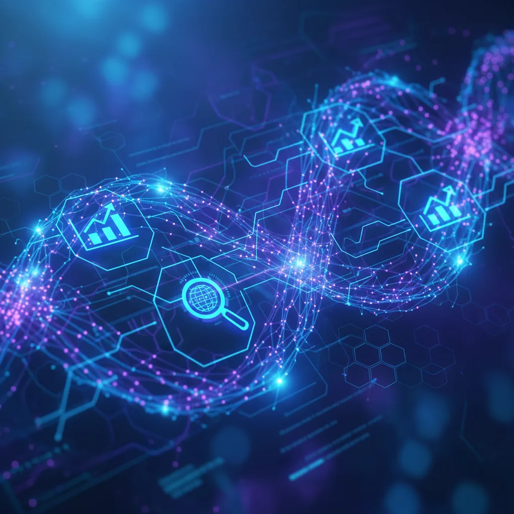Ilustração digital moderna mostrando conexões neurais estilizadas integrando-se a ícones de tráfego digital e visibilidade de marcas em 2026.