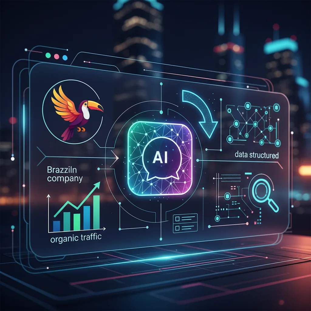 Inteligência Artificial recomendando uma empresa brasileira através de interface digital, destaque para dados estruturados e visibilidade de marca