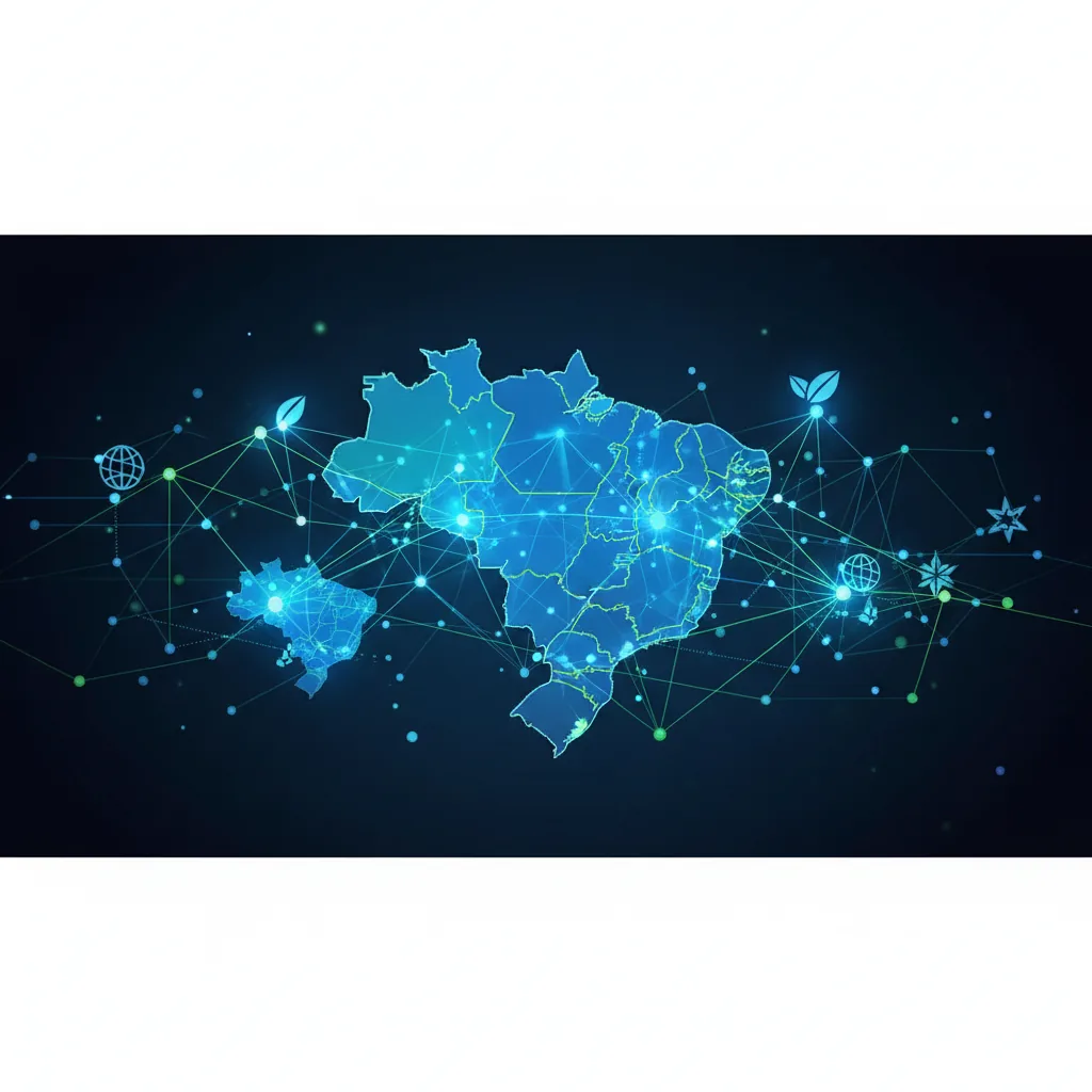 Infográfico futurista ilustrando a conexão entre dados estruturados, inteligência artificial e marcas brasileiras em 2026