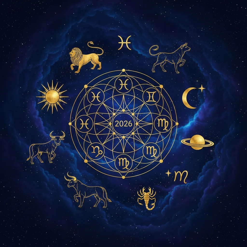 Ilustração técnica de um mapa astral moderno com planetas e casas astrológicas sobre um fundo cósmico azul escuro.