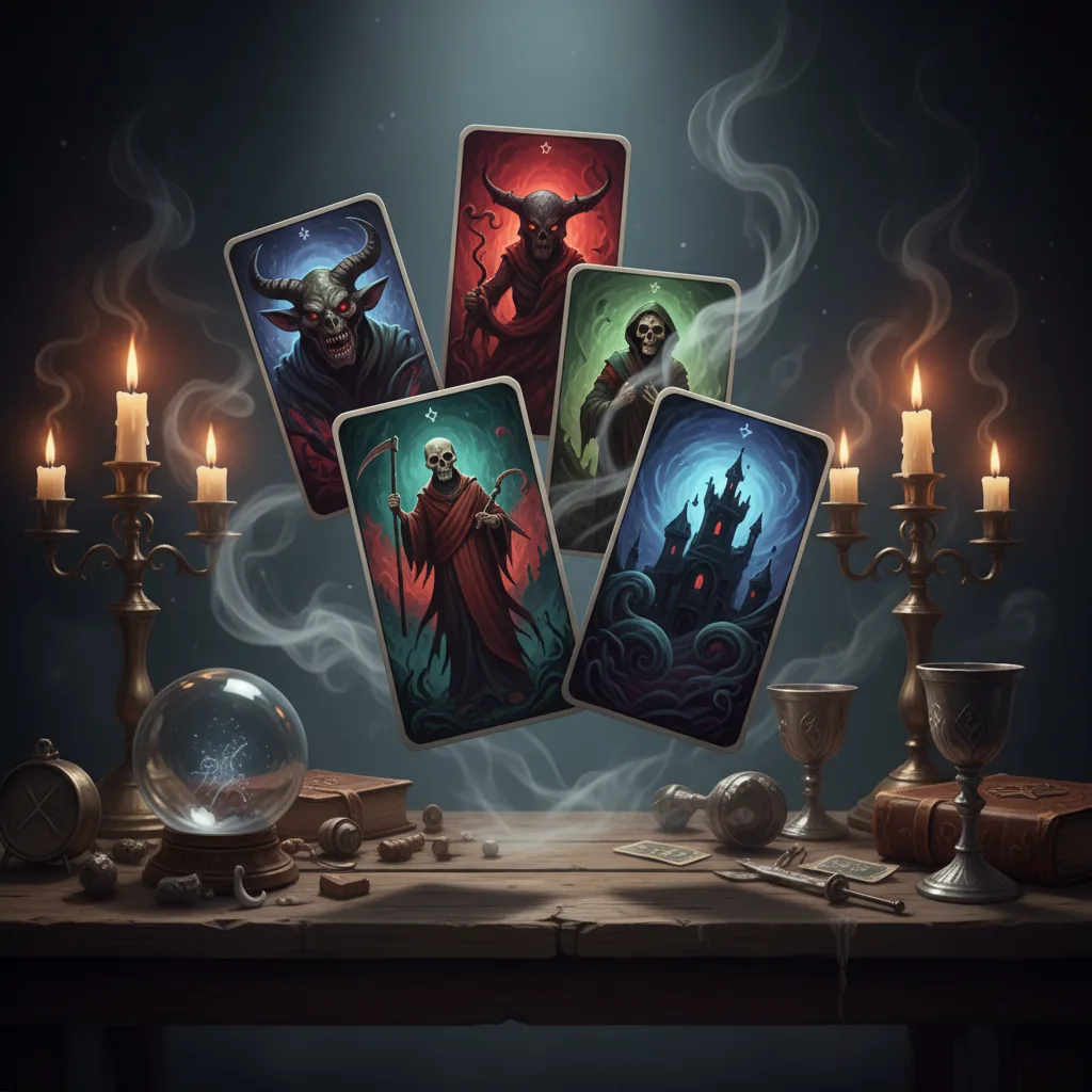 Cartas de tarô de terror flutuando em uma mesa escura com velas acesas no fundo